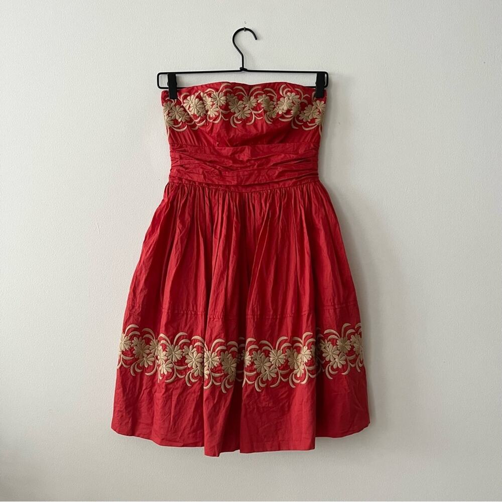 Anthropologie Girls from Savoy Red Strapless Embroidered Maypole Dress